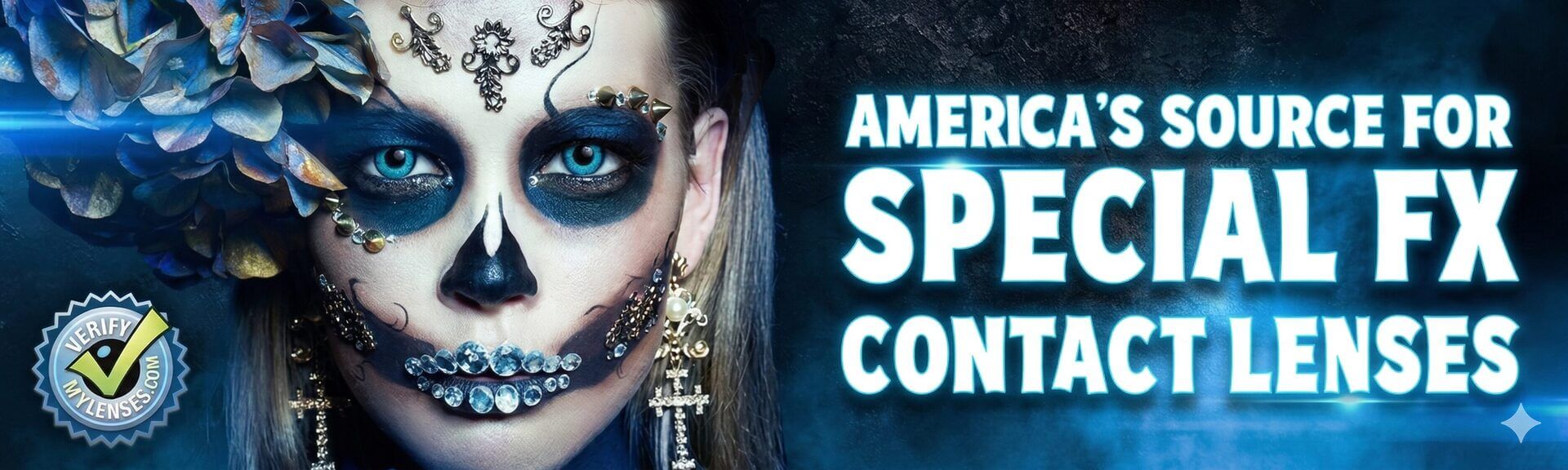 Wicked Eyez hero banner featuring a model wearing intricate skull makeup and vibrant blue special FX contact lenses. The text reads, "America's Source for Special FX Contact Lenses," alongside a VerifyMyLenses security badge.